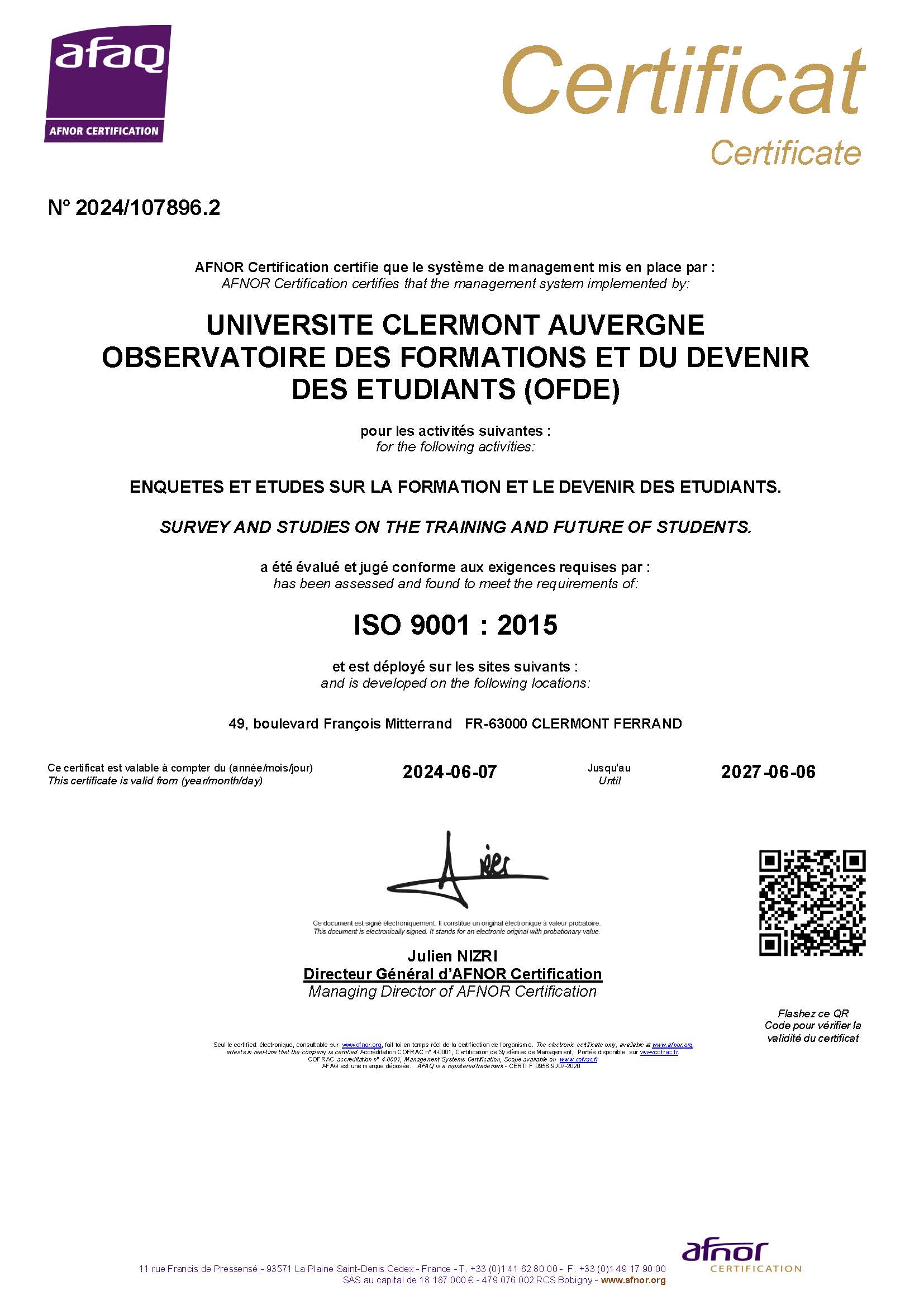 Certificat ISO 9001 2024-2027 OFDE