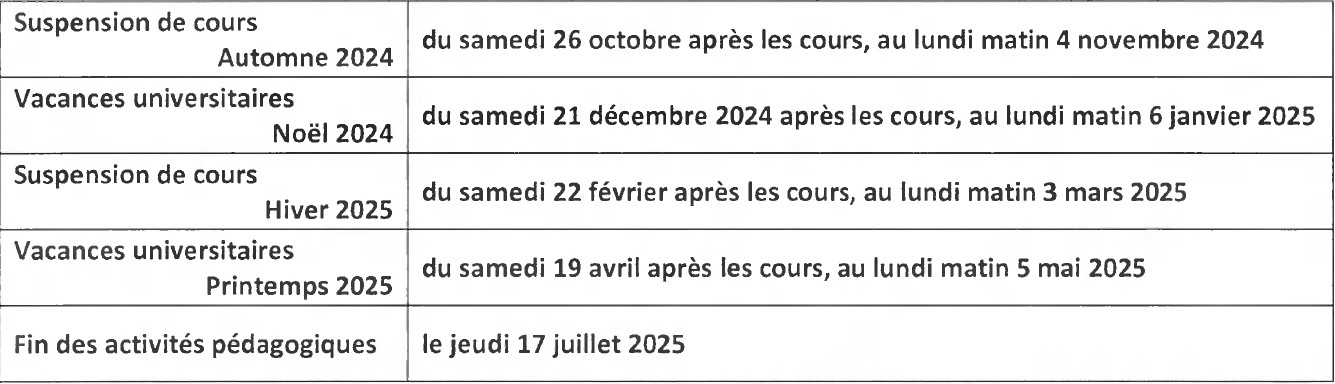 Calendrier pédagogique 2024-2025