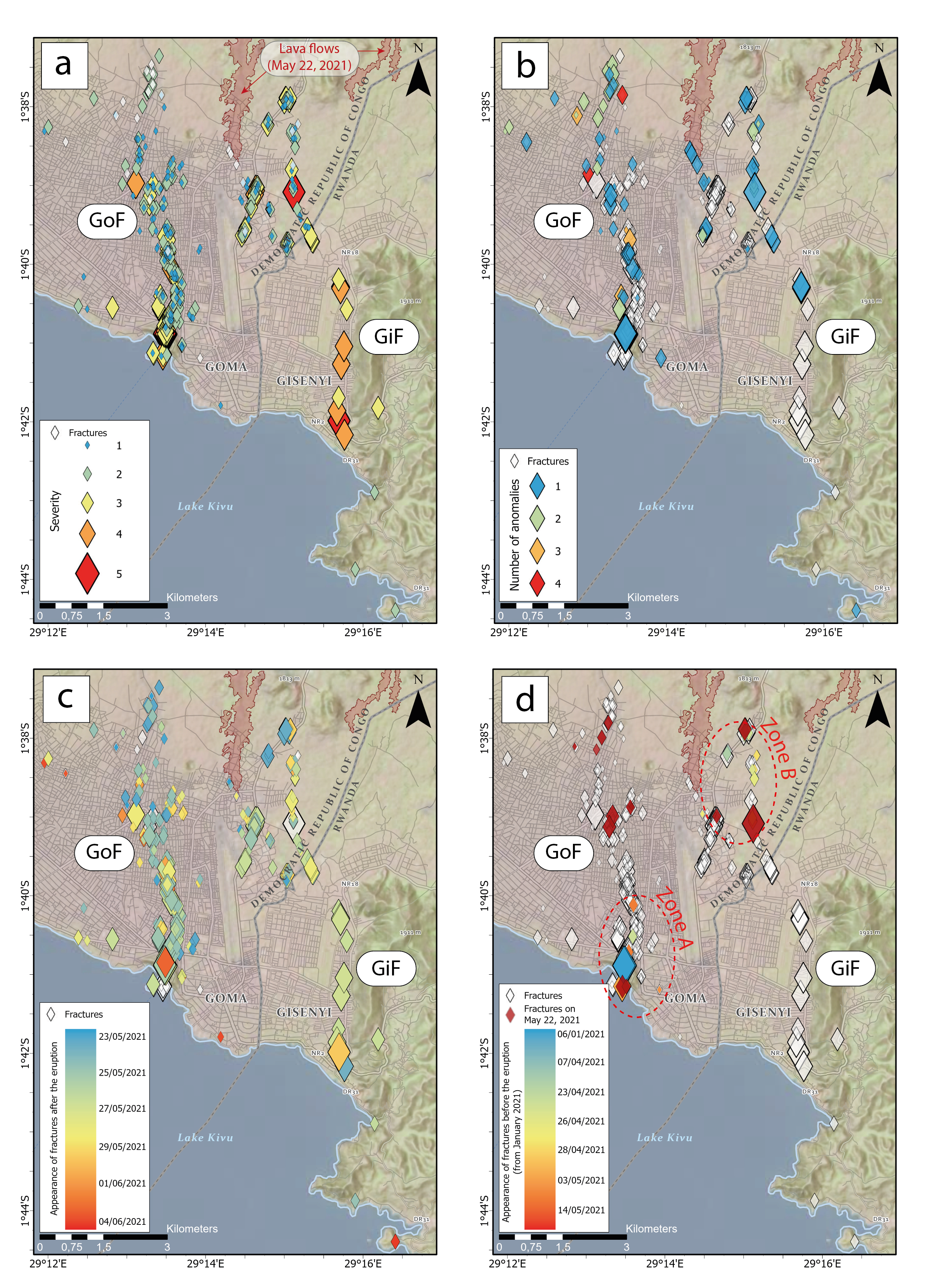 Figure : Cartographie des fractures dans les villes de Goma et de Gisenyi (avant, pendant et après l’éruption du Nyiragongo le 22 mai 2021) issue de la mise en place d’un système participatif.